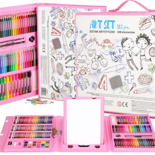 Set de pictura si desen pentru copii, 208 de piese, trusa plastic roz - Image 28