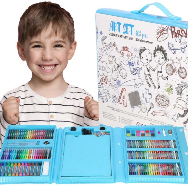 Set de pictura si desen pentru copii, 208 de piese, trusa plastic albastru - Image 29
