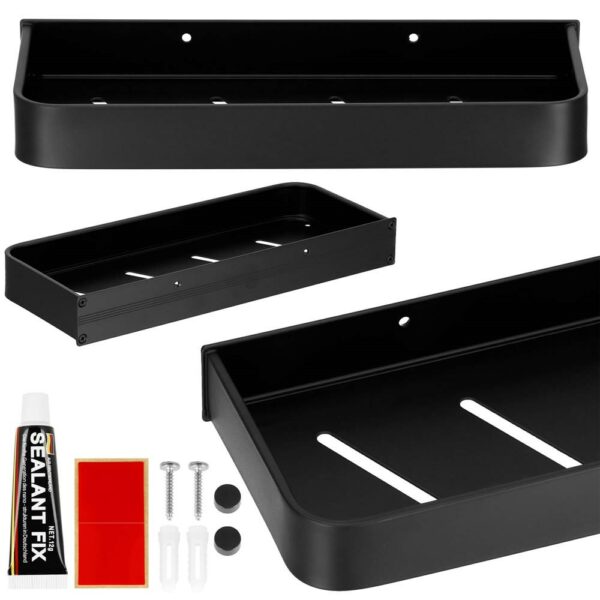 Raft de baie cu 2 sisteme instalare pe perete, aluminiu, 30x12x4cm, negru - Image 4
