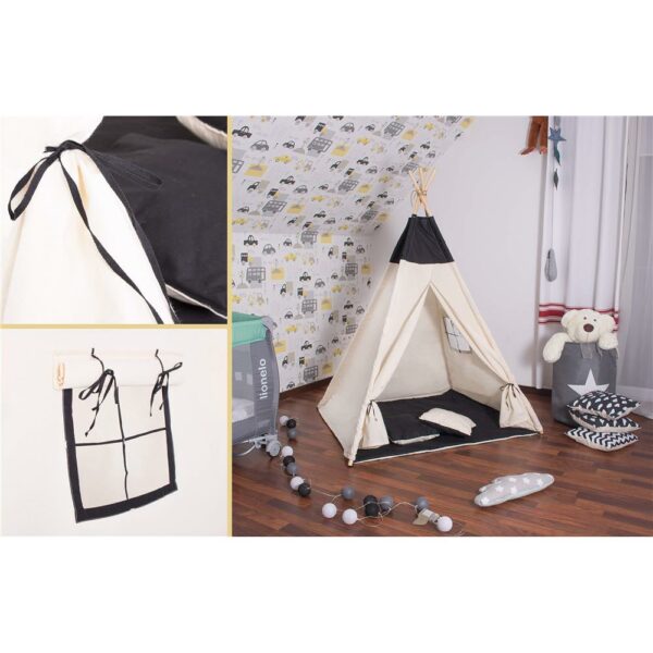 Teepee indiánsátor gyerekeknek ablakkal, vastag szőnyeggel és 2 párnával, fekete-fehér - Image 4