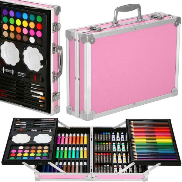 Set de pictura si desen pentru copii, 145 de piese, trusa aluminiu roz - Image 29