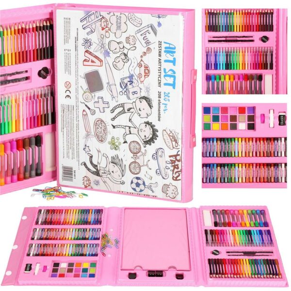Set de pictura si desen pentru copii, 208 de piese, trusa plastic roz - Image 31