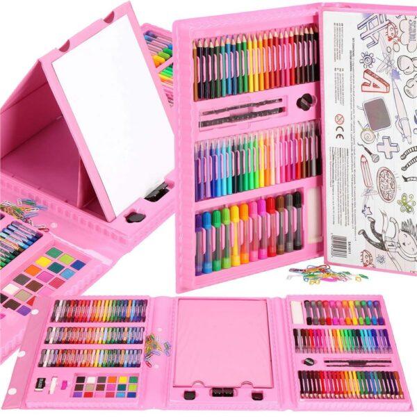 Set de pictura si desen pentru copii, 208 de piese, trusa plastic roz - Image 32