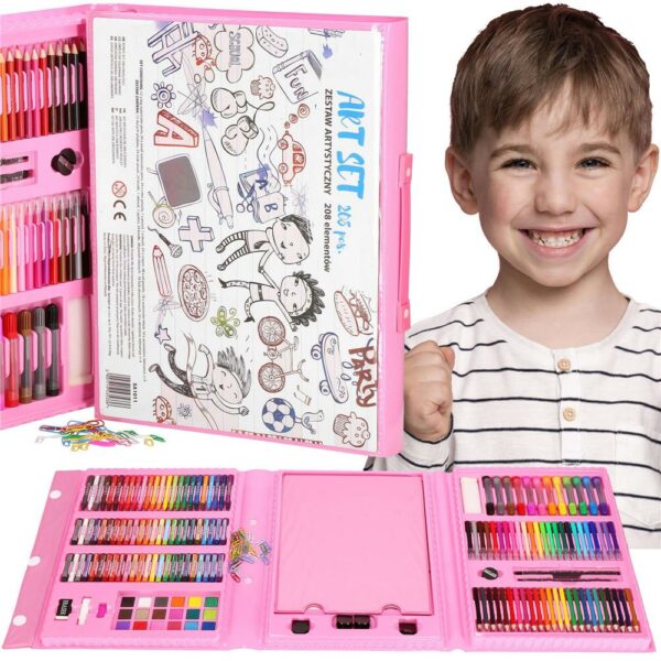 Set de pictura si desen pentru copii, 208 de piese, trusa plastic roz - Image 34