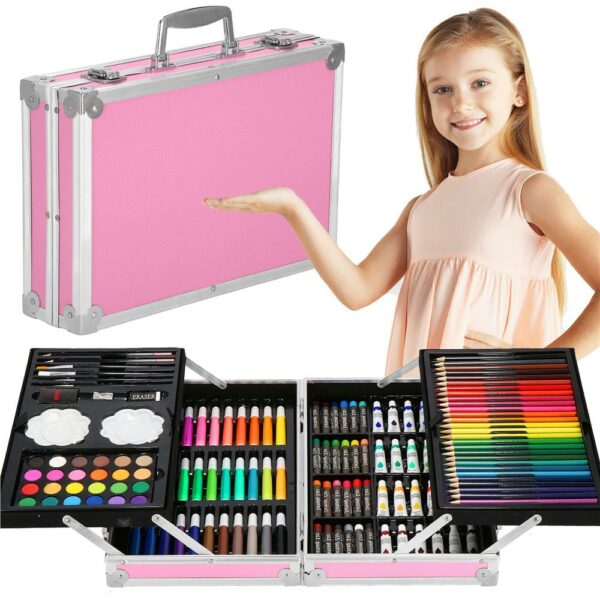 Set de pictura si desen pentru copii, 145 de piese, trusa aluminiu roz - Image 34