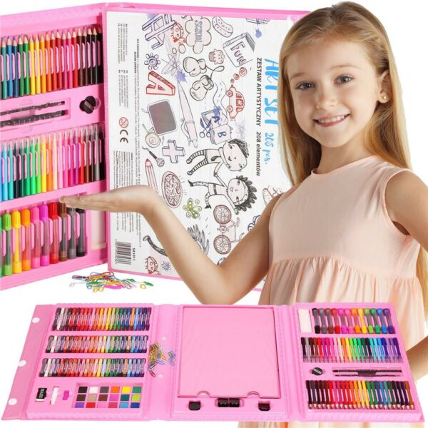 Set de pictura si desen pentru copii, 208 de piese, trusa plastic roz - Image 35