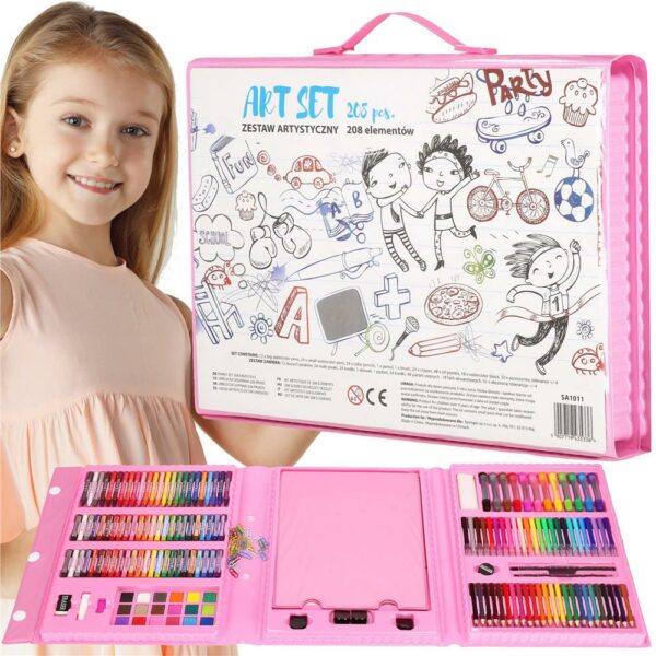 Set de pictura si desen pentru copii, 208 de piese, trusa plastic roz - Image 36