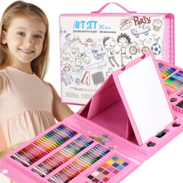 Set de pictura si desen pentru copii, 208 de piese, trusa plastic roz - Image 37