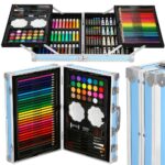 Set de pictura si desen pentru copii, 145 de piese, trusa aluminiu albastra