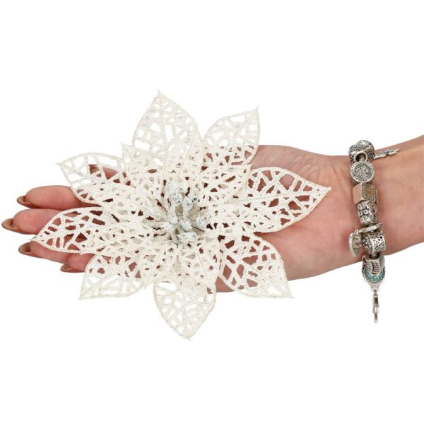 10 db-os karácsonyfa díszkészlet, Mikulásvirág csillag, 14cm, fehér, csillámmal - Image 4