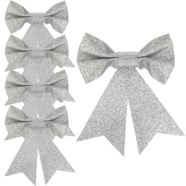 Set 4 ornamente pentru bradul de Craciun, fundita, 13cm, argintiu - Image 4