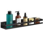 Fürdőszobai fali polc 2 rögzítési rendszerrel, alumínium, 50x10x6 cm, fekete