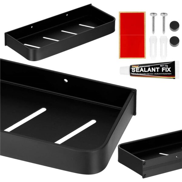 Raft de baie cu 2 sisteme instalare pe perete, aluminiu, 30x12x4cm, negru - Image 5