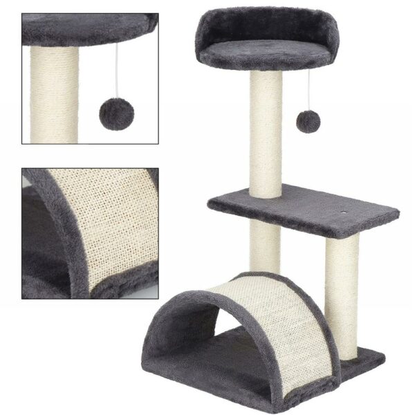 Ansamblu de joaca pentru pisici, cu loc pentru zgariat, ascuns, culcus, minge, 67cm, crem - Image 4
