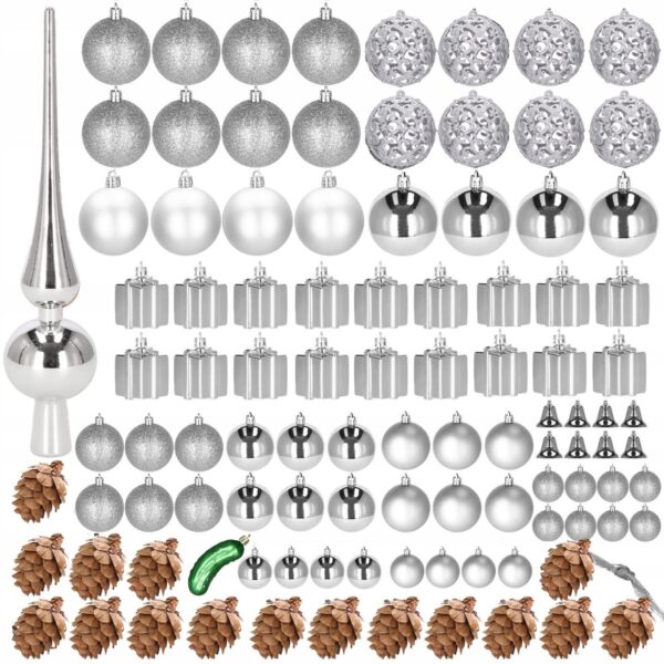 Set globuri si decoratiuni de Craciun, 102 piese, diverse dimensiuni, argintiu - Image 6