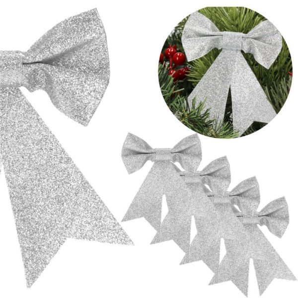 Set 4 ornamente pentru bradul de Craciun, fundita, 13cm, argintiu - Image 5