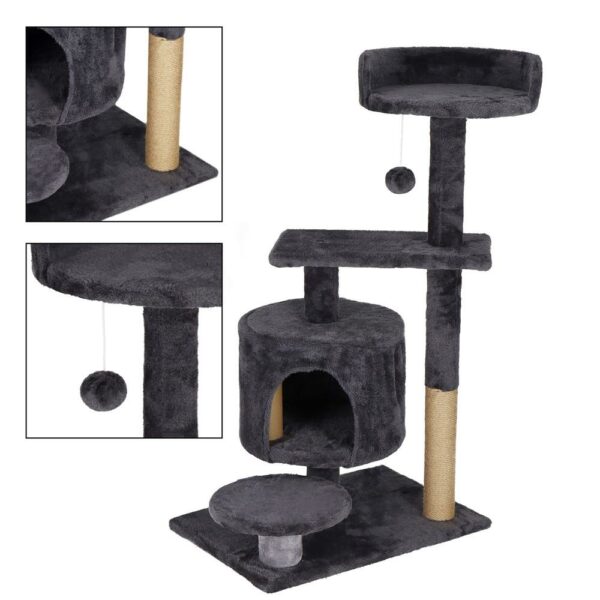 Ansamblu de joaca pentru pisici, cu loc pentru zgariat, ascuns, culcus, minge, 87cm, grafit - Image 5