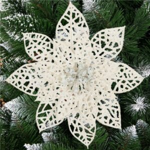 10 db-os karácsonyfa díszkészlet, Mikulásvirág csillag, 14cm, fehér, csillámmal