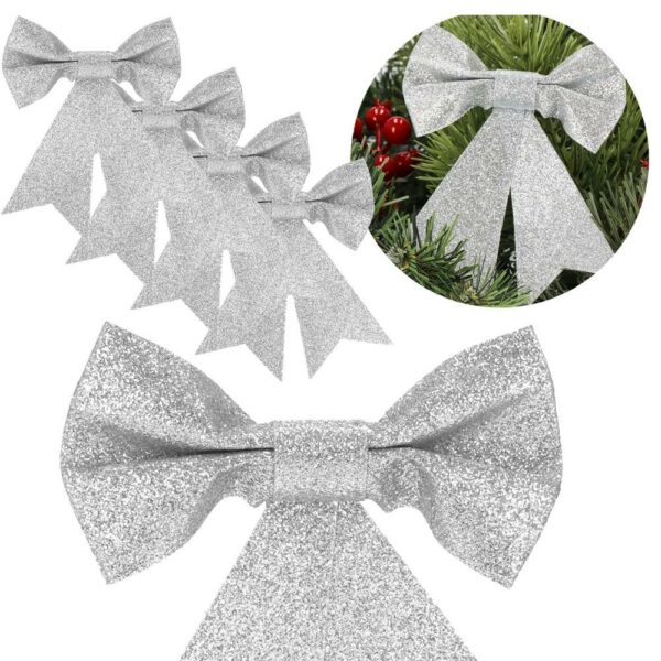Set 4 ornamente pentru bradul de Craciun, fundita, 13cm, argintiu - Image 6