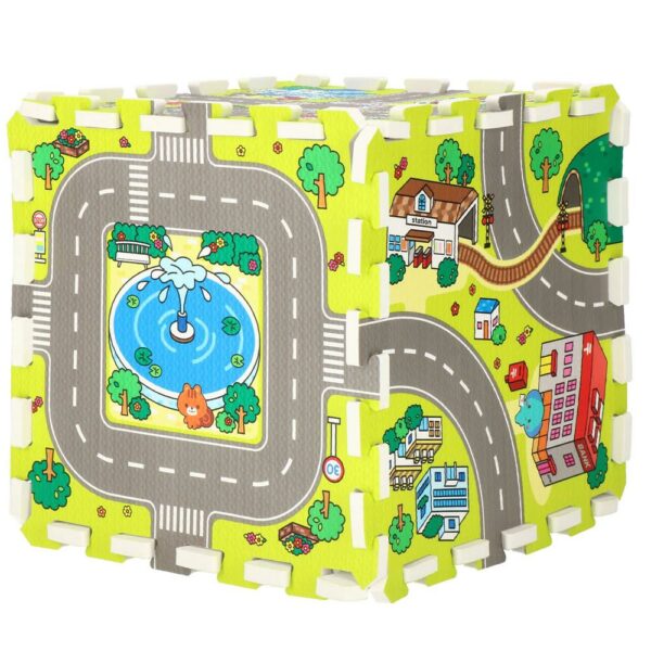 Covor din spuma pentru copii, tip puzzle strazi, 9 piese, 90×90 cm, verde - Image 6