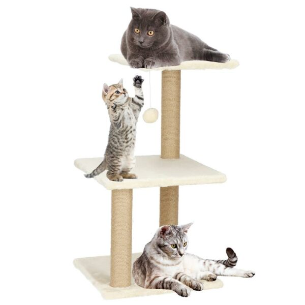 Ansamblu de joaca pentru pisici, cu loc pentru zgariat, minge, 65cm, crem - Image 6