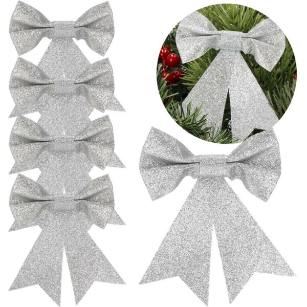 Set 4 ornamente pentru bradul de Craciun, fundita, 13cm, argintiu - Image 7