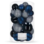 Különleges karácsonyi gömbdísz készlet, 30 darab, 3 féle minta, 4/5/6 cm, sötétkék