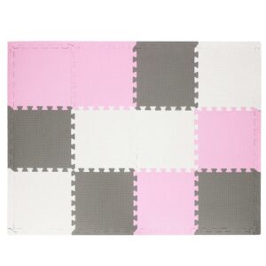 Covor din spuma pentru copii, tip puzzle forme, 26 piese, termoizolant, 118×90 cm, gri roz