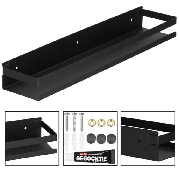 Raft de baie cu 2 sisteme instalare pe perete, aluminiu, 50x10x6cm, negru - Image 9