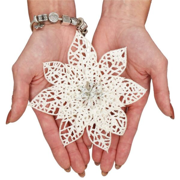 10 db-os karácsonyfa díszkészlet, Mikulásvirág csillag, 14cm, fehér, csillámmal - Image 9