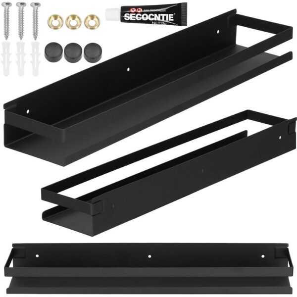 Raft de baie cu 2 sisteme instalare pe perete, aluminiu, 50x10x6cm, negru - Image 10