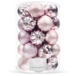 Karácsonyi gömbkészlet, 20 darab, 5 féle minta, 6 cm, rózsaszín