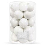 Karácsonyi gömb szett, 20 darab, 5 féle minta, 6 cm, fehér