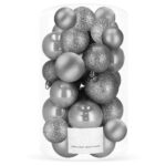 Karácsonyi díszgömb szett, 30 darab, 3 minta, 4/5/6 cm, szürke-ezüst