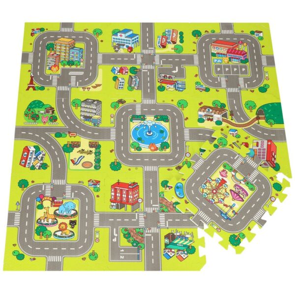 Covor din spuma pentru copii, tip puzzle strazi, 9 piese, 90×90 cm, verde - Image 9