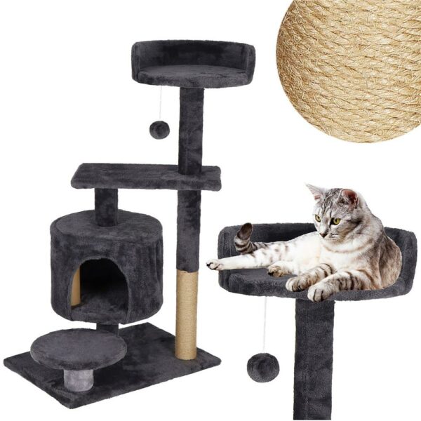 Ansamblu de joaca pentru pisici, cu loc pentru zgariat, ascuns, culcus, minge, 87cm, grafit - Image 9