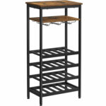 VASAGLE Borosüveg tartó állvány, 20 üveg kapacitással, pohártartóval, ipari stílusban, 50x32x100 cm, rusztikus barna és fekete