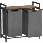 VASAGLE Szennyeskosár, 2 rekeszes, kivehető szennyeszacskók, polc, fém keret, 2x46L, 73x33x72 cm, rusztikus barna és szürke