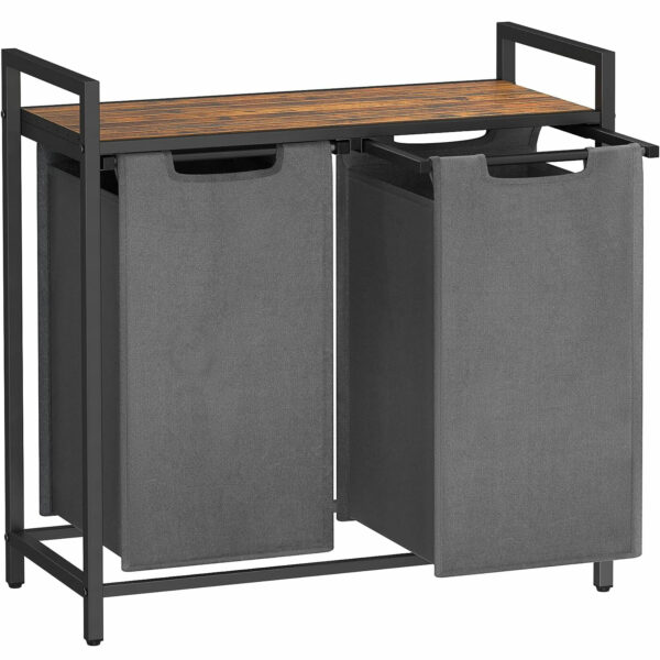 VASAGLE Szennyeskosár, 2 rekeszes, kivehető szennyeszacskók, polc, fém keret, 2x46L, 73x33x72 cm, rusztikus barna és szürke