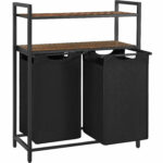 VASAGLE Szennyestartó kosár 2 levehető zsákkal, 2 polccal, zsákonként 46 l kapacitással, 73x33x72 cm, rusztikus barna és fekete
