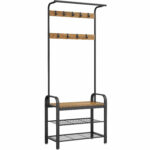 VASAGLE Cuier pentru haine, cu banc de depozitare a pantofilor, cu 9 carlige detasabile, o sina pentru haine, 34x72x183cm, industrial, nuc rustic si negru