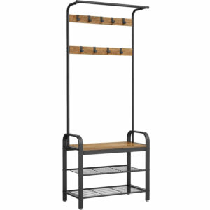 VASAGLE Cuier pentru haine, cu banc de depozitare a pantofilor, cu 9 carlige detasabile, o sina pentru haine, 34x72x183cm, industrial, nuc rustic si negru