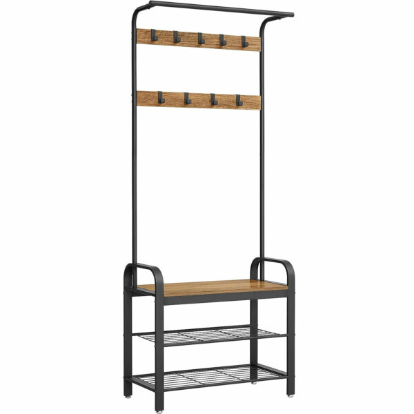 VASAGLE Cuier pentru haine, cu banc de depozitare a pantofilor, cu 9 carlige detasabile, o sina pentru haine, 34x72x183cm, industrial, nuc rustic si negru