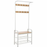 VASAGLE Ruhaakasztó cipőtároló paddal, 9 kivehető kampóval, egy ruhatartó rúddal, 34x72x183 cm, modern, tölgy és krém