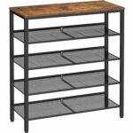 VASAGLE Cipőtartó, 5 szintes, állítható hálós polcok, fém, ipari stílusú, 75x28x93cm, vintage barna fekete