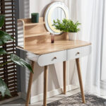 Masa de toaleta si machiaj Ravena, iluminare LED, alb fag, cu 2 sertare, oglinda, 80x40x120 cm