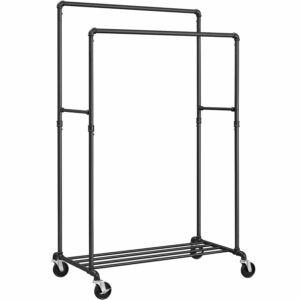 SONGMICS Suport pentru haine, cu raft si sine de agatat duble, cadru metalic, cu roti, 59x100x162cm, industrial, negru