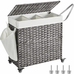 SONGMICS Kézzel szőtt szennyeskosár, kivehető mosható béléssel, 3 rekeszes, rattan stílusú, 140 literes, 66x33x60 cm, szürke