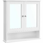 VASAGLE Fali fürdőszoba szekrény tükörrel, 2 ajtós, nyitott rekesszel, állítható polcokkal, 13x56x58cm, fehér