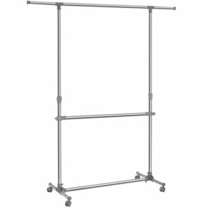 SONGMICS Ruhatartó kihúzható felső sínnel, kerekeken, állítható magasságú 113-198cm, ezüst